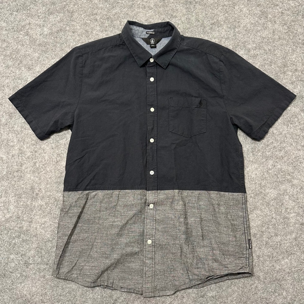Volcom Button Down Mens Large Black Gray Colorblock Classic Fit Cotton